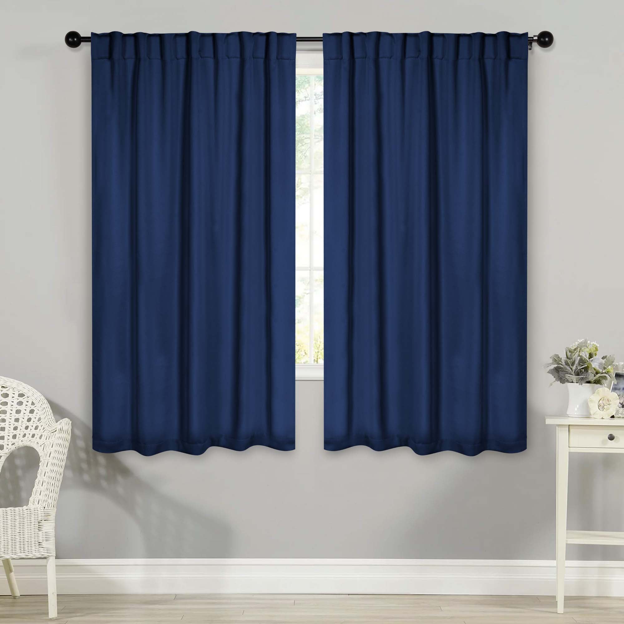 Superior Blackout Solid Light Filtering Back Tab Curtain Panel Set, 52" x 63", Navy Blue