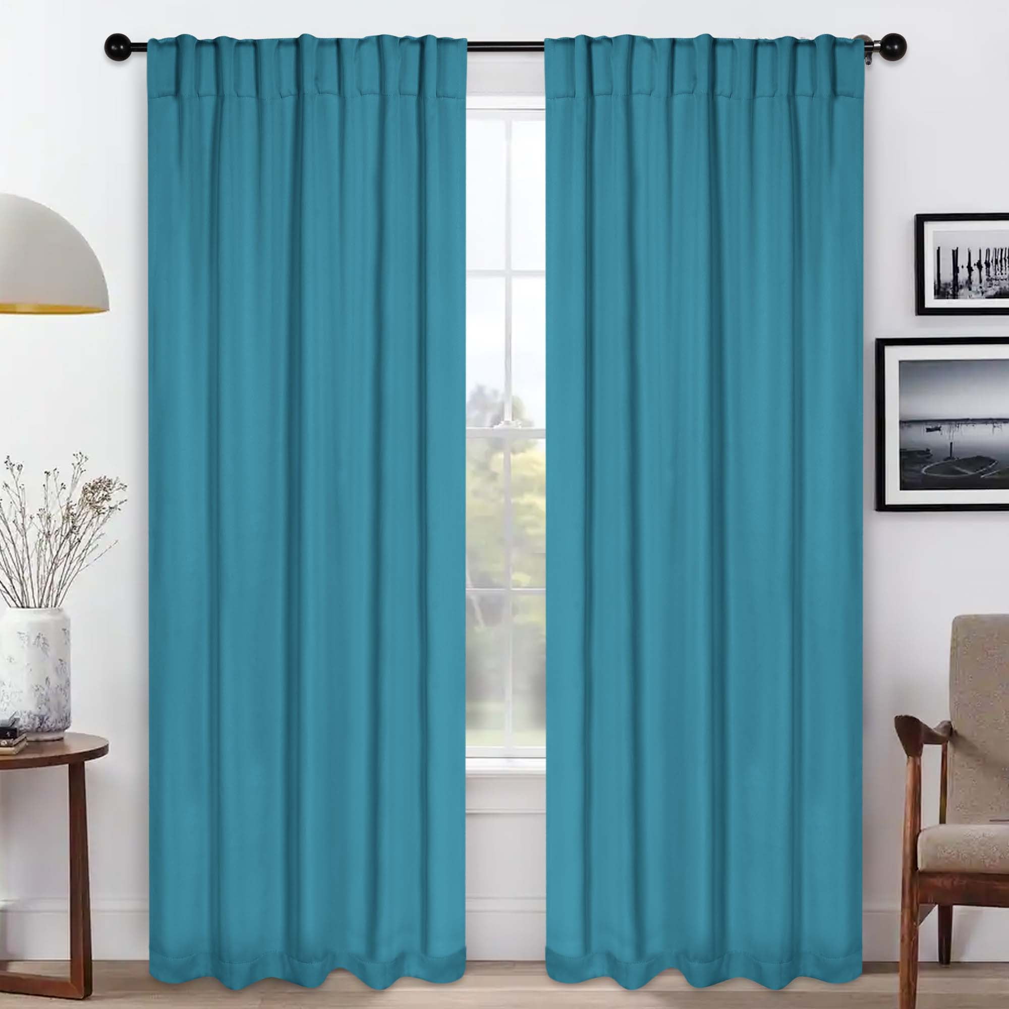 Superior Blackout Solid Light Filtering Back Tab Curtain Panel Set, 52" x 84", Aqua