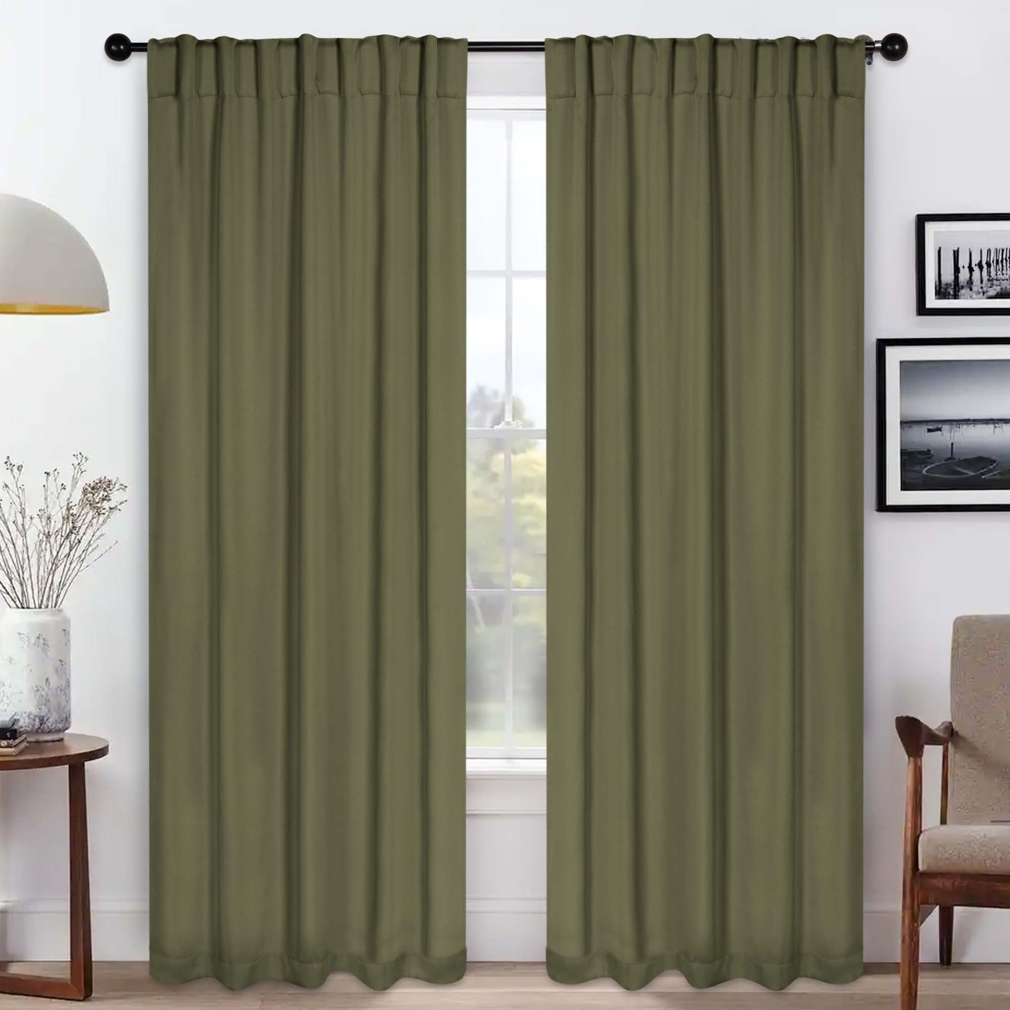Superior Blackout Solid Light Filtering Back Tab Curtain Panel Set, 52" x 84", Olive Green