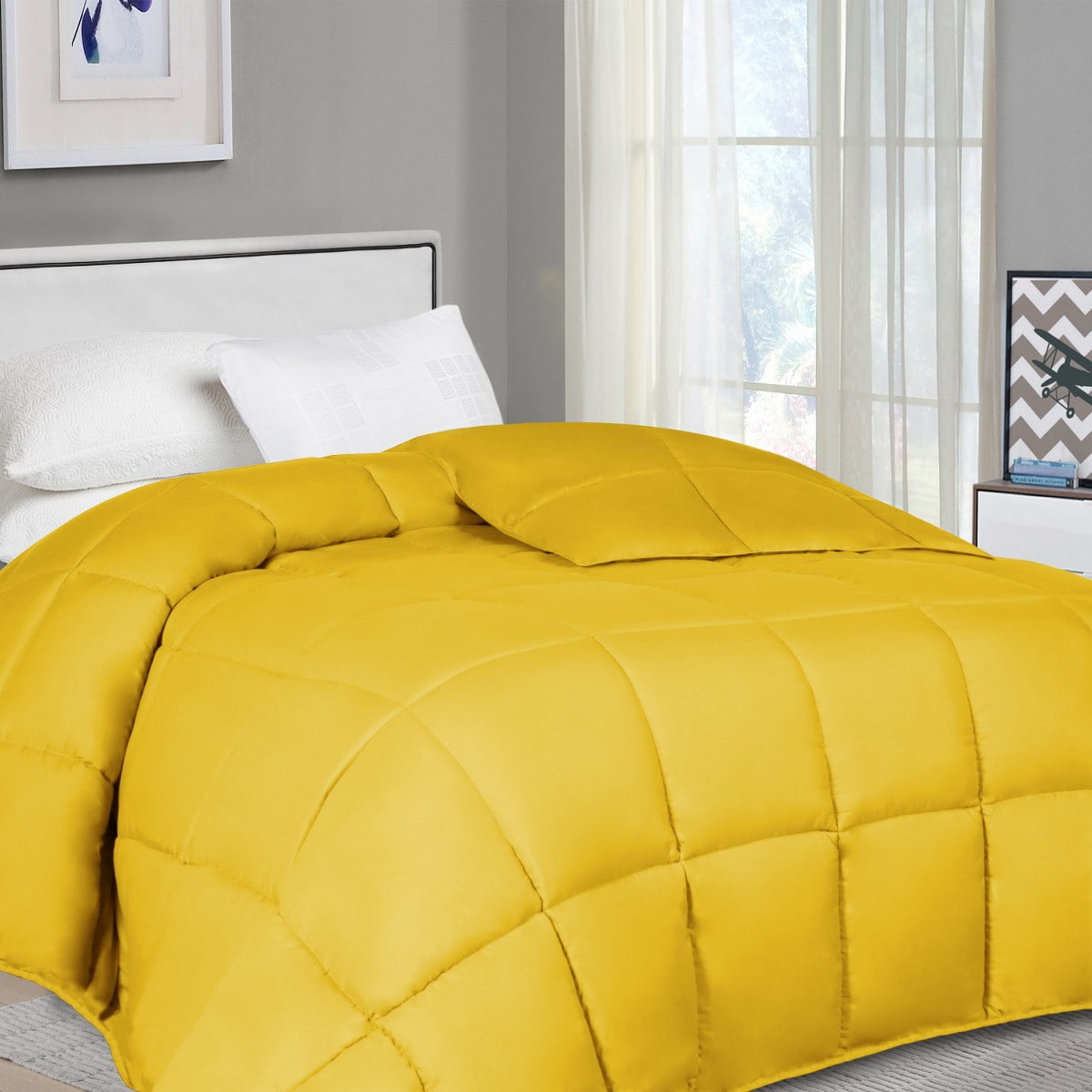 Twin Yellow Microfiber Reversible Comforter with Down-Alternative Fill