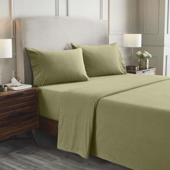 Superior Solid Flannel Cotton Sheet Set, King, Sage