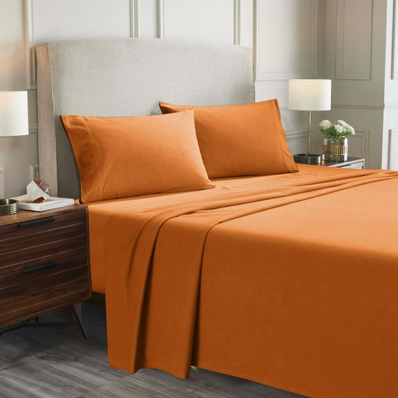 Superior Solid Flannel Cotton Sheet Set, Queen, Pumpkin