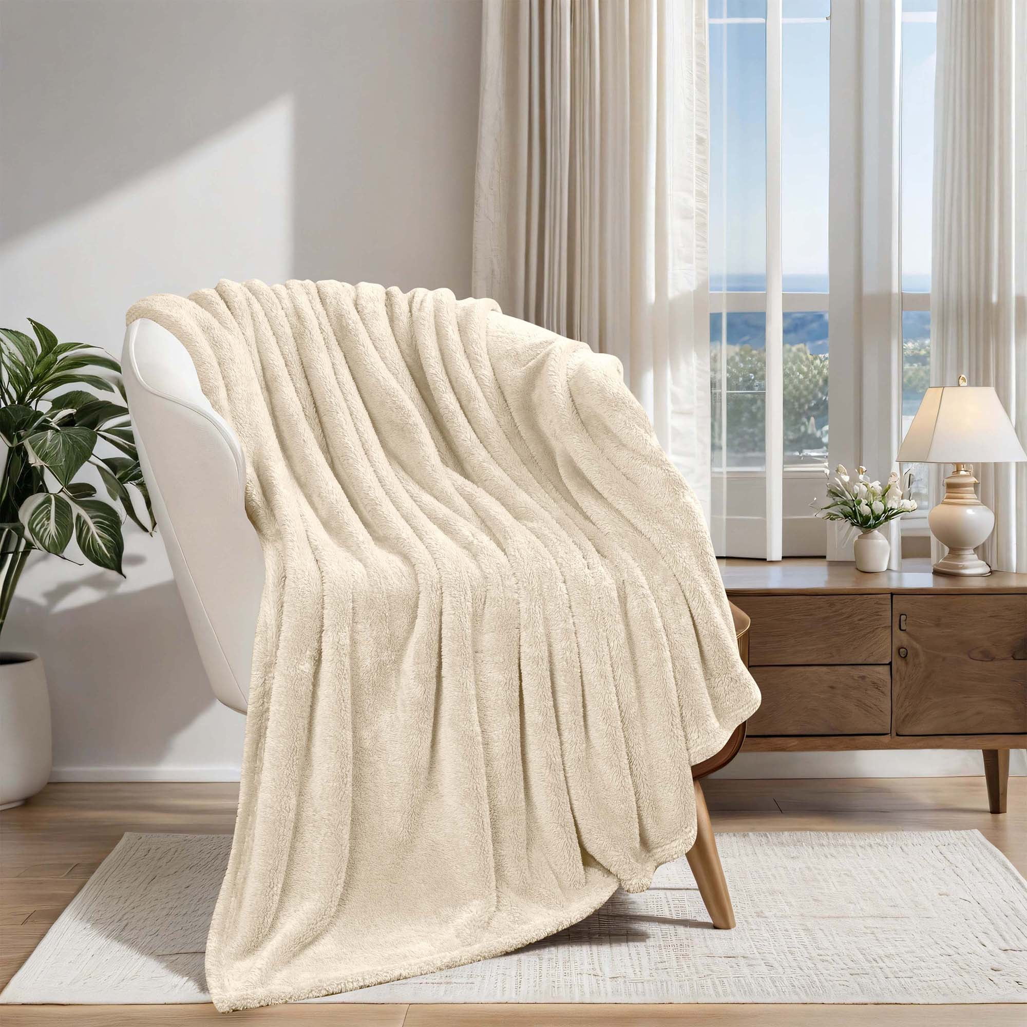 Ivory Twin Reversible Fleece Throw Blanket