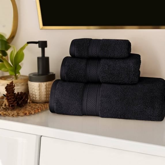 Superior Solid Zero Twist Cotton 3-Piece Towel Set, Black