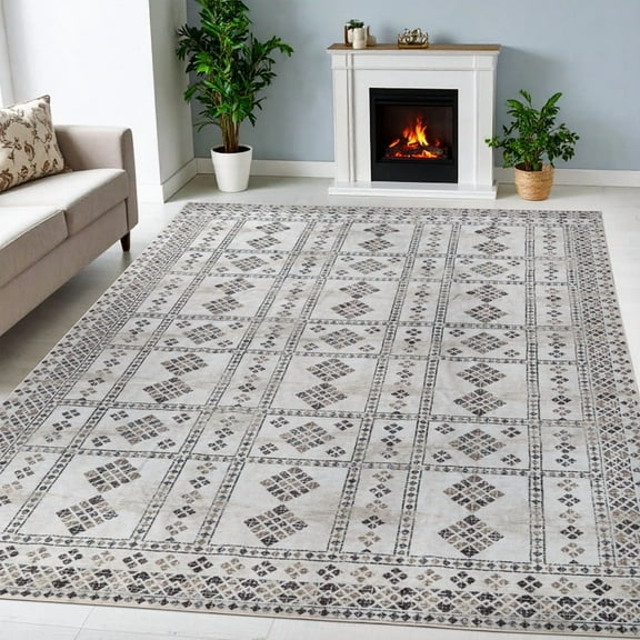 Superior Solin Neutral Geometric Washable Indoor Area Rug, 10' x 14', Ivory
