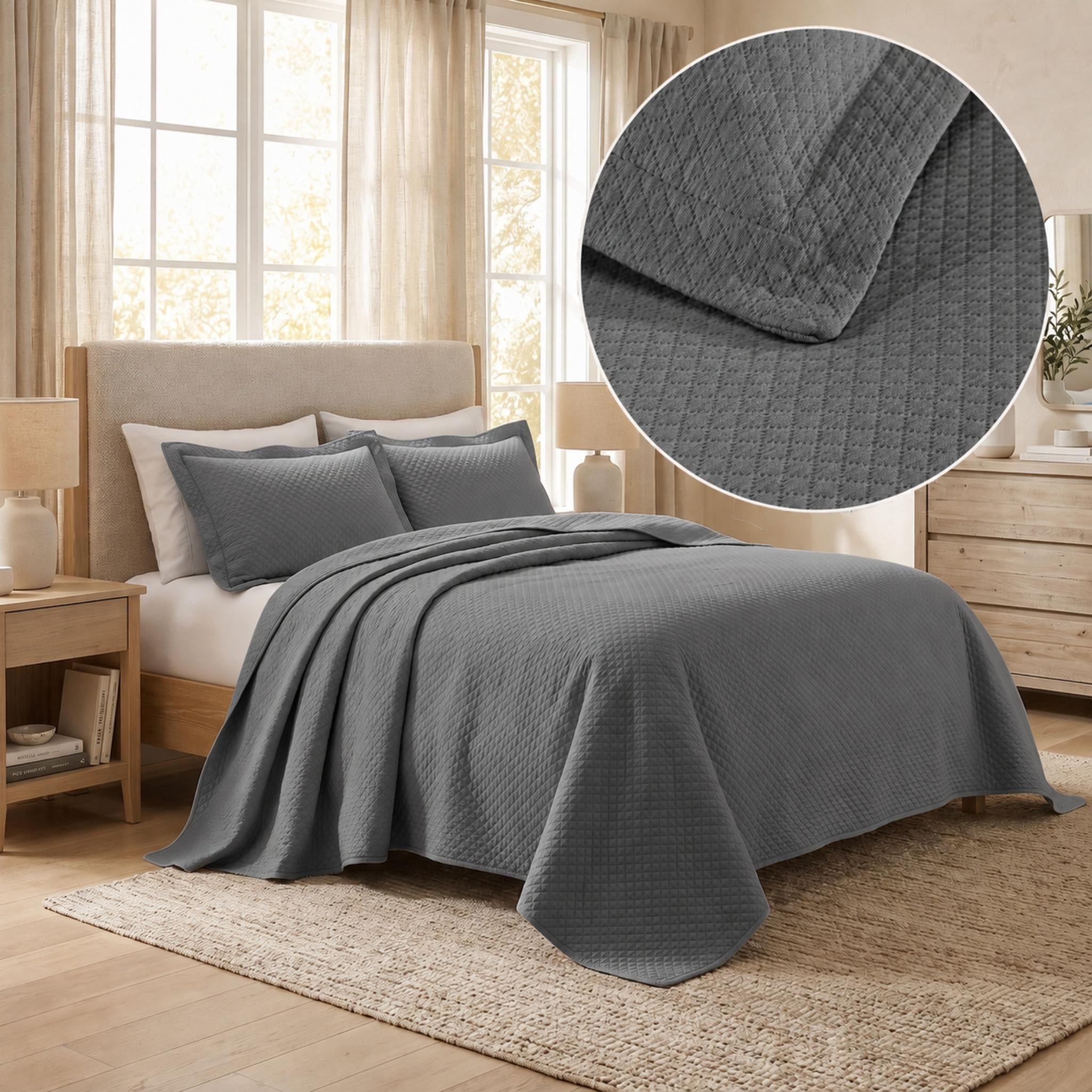 Superior Solitaire Cotton Decorative Bedspread and 2 Pieces Sham Set, Full, Grey
