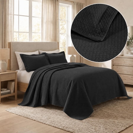 Superior Solitaire Cotton Decorative Bedspread and 2 Pieces Sham Set, King, Black