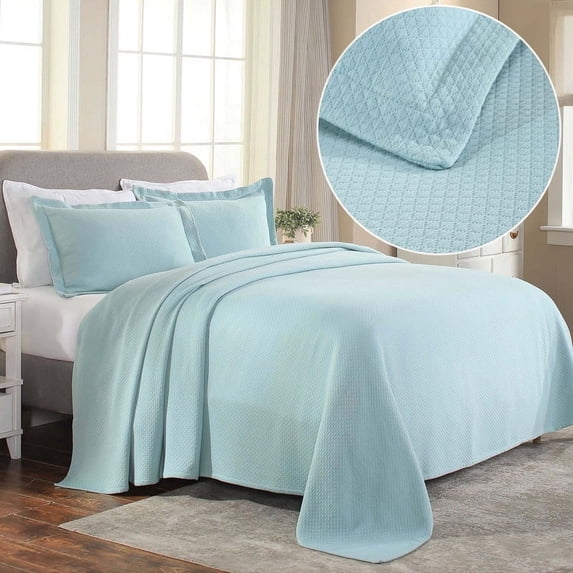 Superior Solitaire Cotton Decorative Bedspread and Sham Set, Queen, Aqua