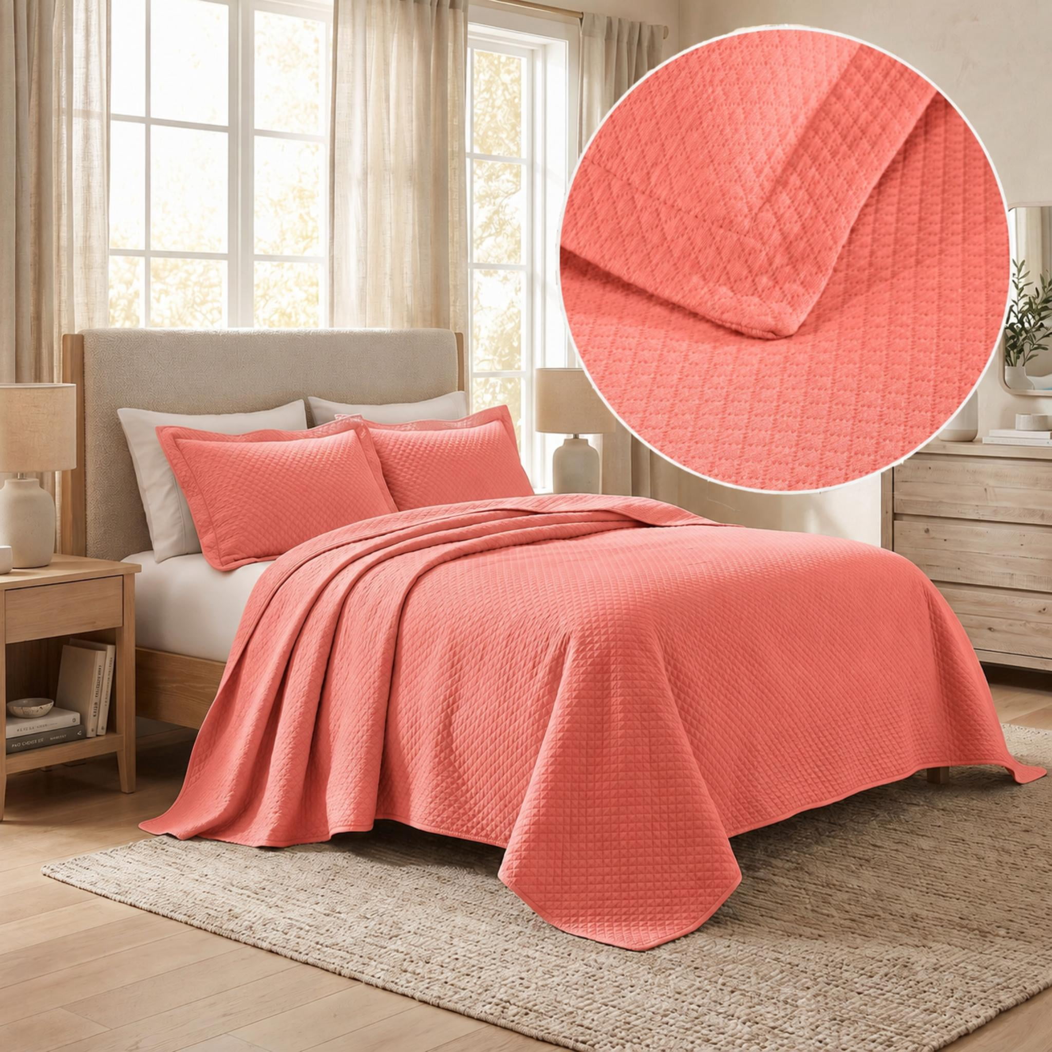 Superior Solitaire Cotton Decorative Bedspread and 2 Pieces Sham Set, Queen, Coral