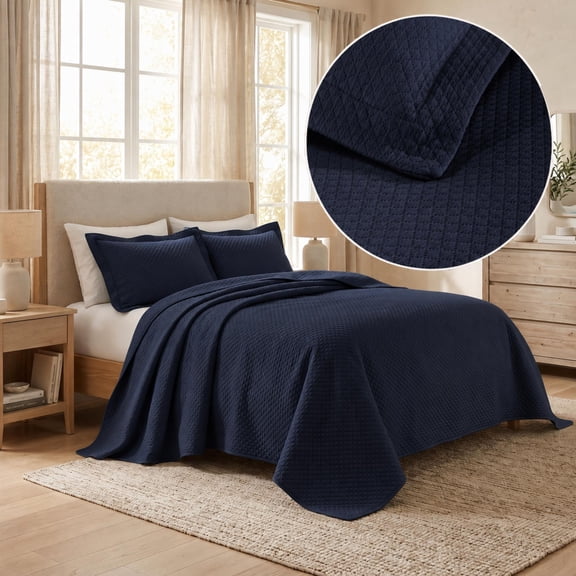 Superior Solitaire Cotton Decorative Bedspread and 2 Pieces Sham Set, Queen, Navy Blue