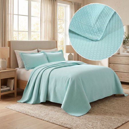 Superior Solitaire Cotton Decorative Bedspread and Sham Set, Twin, Aqua