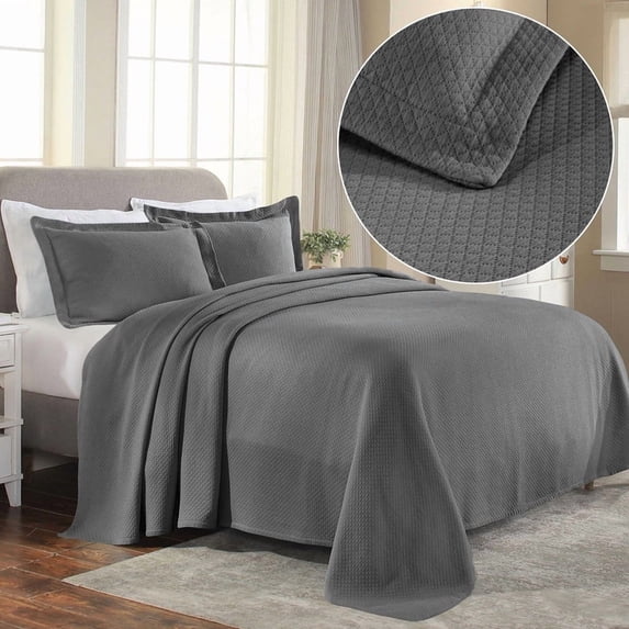 Superior Solitaire Cotton Decorative Bedspread and Sham Set, Twin, Grey