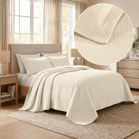 Superior Solitaire Cotton Decorative Bedspread and Sham Set, Twin, Ivory