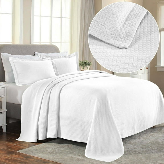 Superior Solitaire Cotton Decorative Bedspread and Sham Set, Twin, White