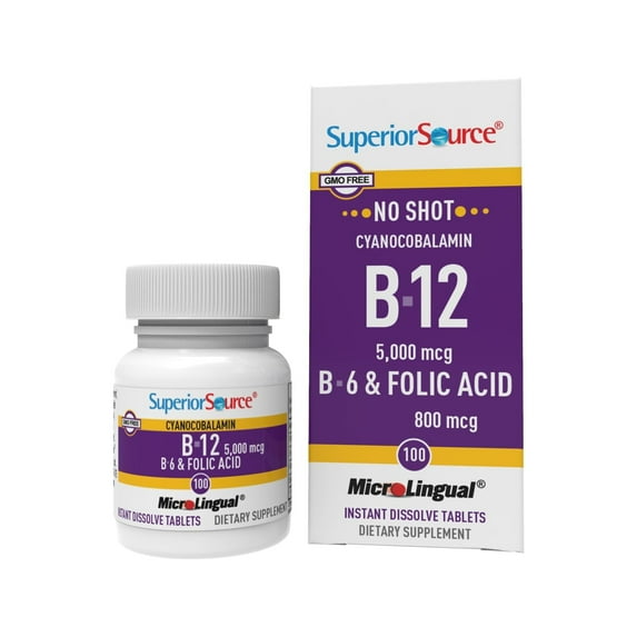 Superior Source No Shot Vitamin B-12 Cyanocobalamin 5000 mcg, B-6, Folic Acid 800 mcg - Support Brain & Heart Health - Aids Natural Energy Levels - 100 Sublingual Dissolving Tablets