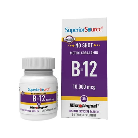 Superior Source No Shot Vitamin B12 Cyanocobalamin Instant Dissolve Tablets (10000 mcg), B6. Folic Acid, 60 Count, Dietary Supplement