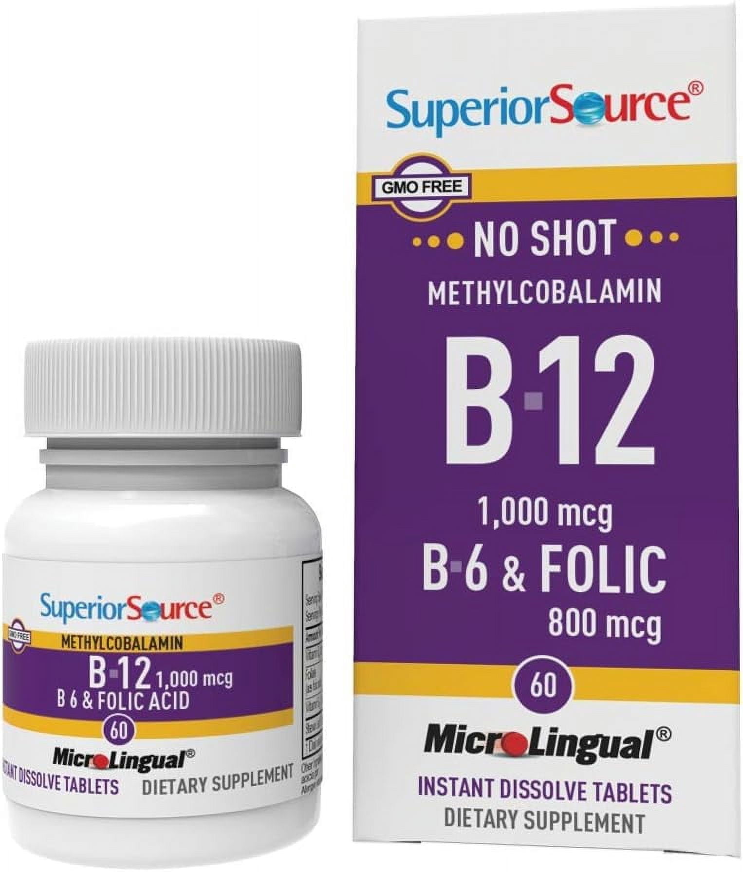 Superior Source No Shot Vitamin B12 Methylcobalamin (1,000 mcg), B6, Folic Acid, Quick Dissolve MicroLingual Tablets, 60 Ct, Increase Energy, Healthy Heart, Boost Metabolism, Stress Support, Non-GMO
