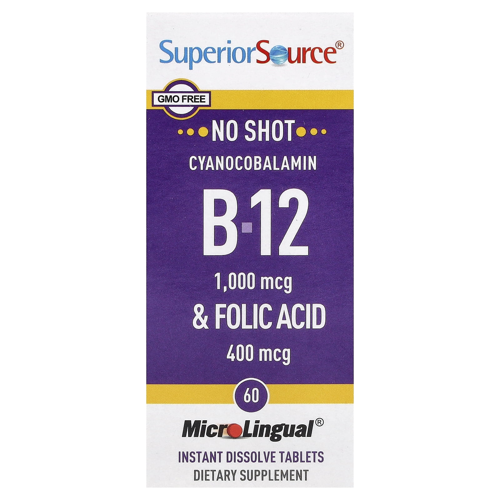 Superior Source Cyanocobalamin B-12  & Folic Acid, 60 MicroLingual Instant Dissolve Tablets
