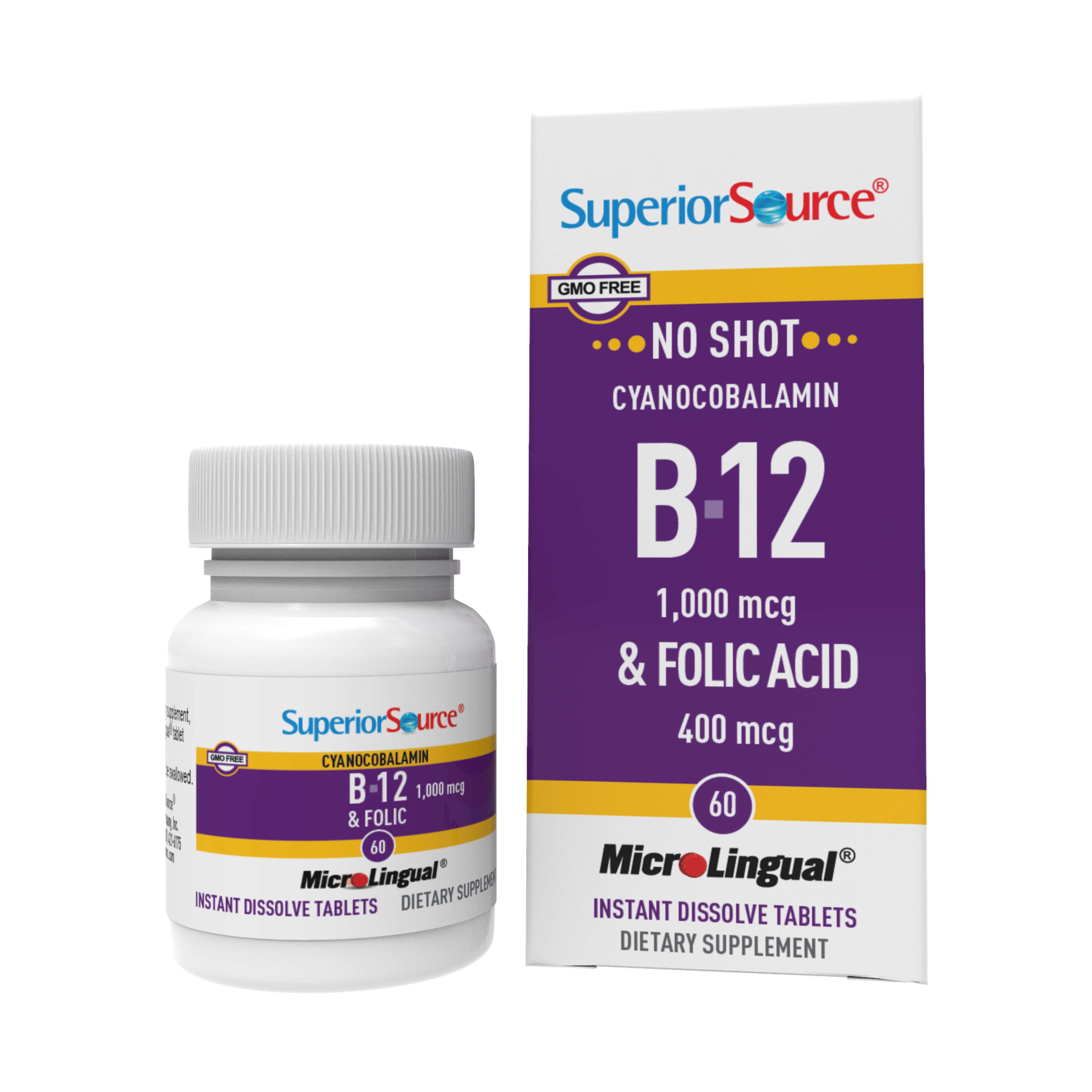 Superior Source No Shot Vitamin B-12 Cyanocobalamin 1000 mcg & Folic Acid 400 mcg - Offers Energy, Heart, Brain, & Stress Support - 60 Sublingual Dissolving Tablets