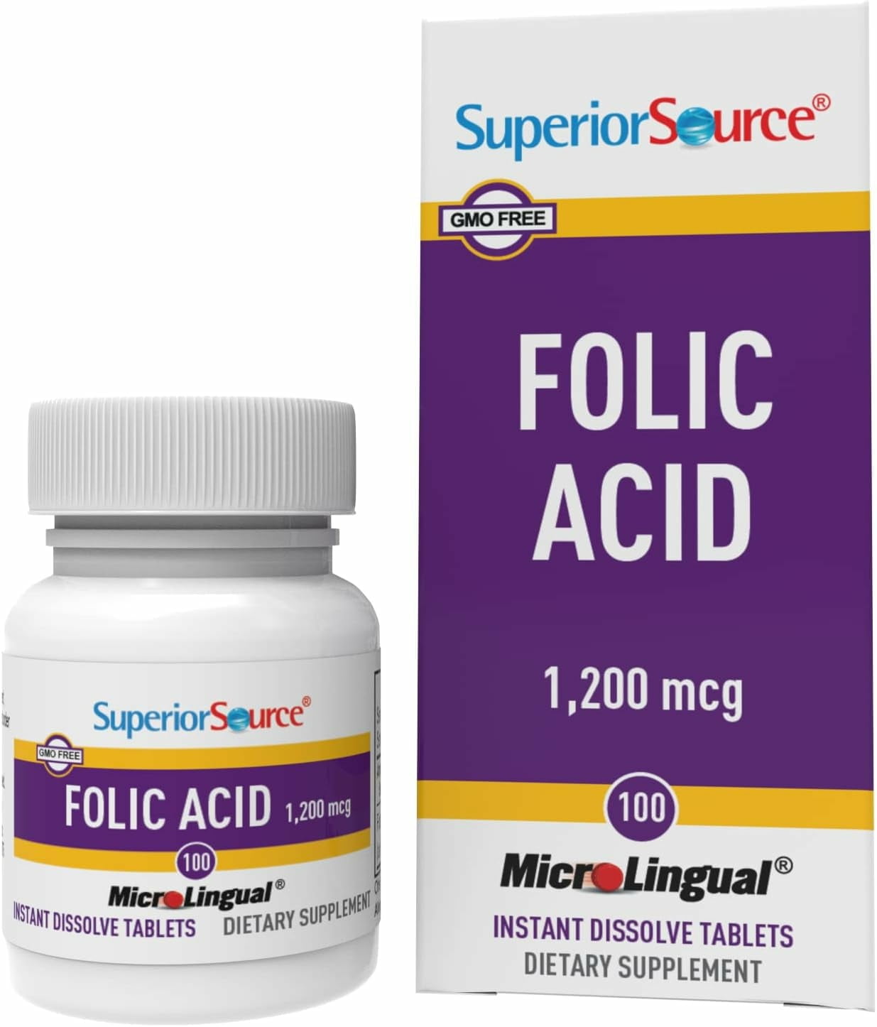 Superior Source Folic Acid 1200 mcg - Folic Acid Supplement for Women & Men - Supports Heart & Immune System Function - Folic Acid Aids Nervous System Health - 100 Sublingual Dissolving Tablets
