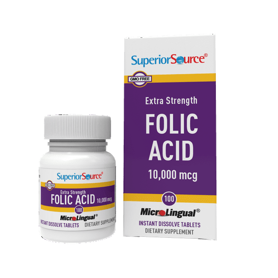 Superior Source Folic Acid Extra Strength (B9) 10,000 mcg Under the Tongue Instsant Disslove Talbets 100 Ct. Dietary Supplement