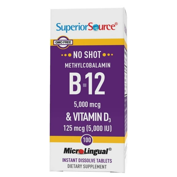 Superior Source NO SHOT Methylcobalamin B-12 5,000 mcg with D3 5,000 IU - Energy & Heart Health Supplement - Multivitamin with Vitamin D3 for Bone Support - 100 Instant Dissolve Tablets