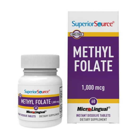 Superior Source Methylfolate 5-MTHF 1,000 mcg, Quick Dissolve MicroLignual Tablets, 60 Ct, Biologically Active Form of Folate, Cardiovascular Health, Energy Metabolism & Prenatal Development, Non-GMO