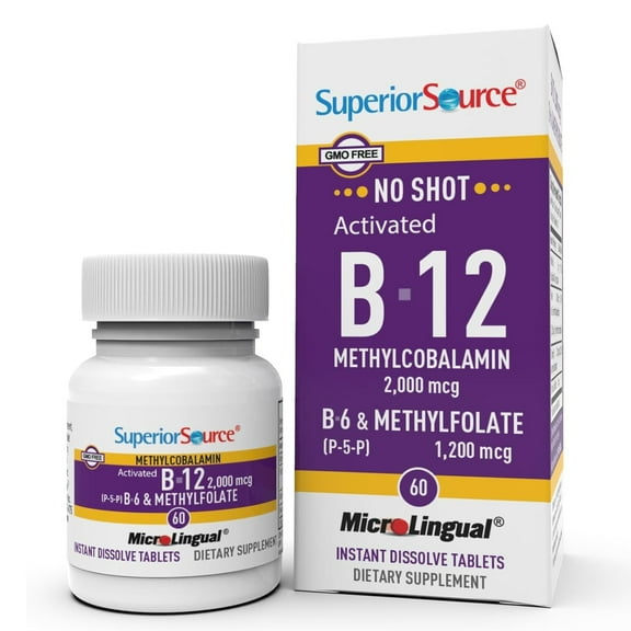 Superior Source No Shot Vitamin B-12 Methylcobalamin 2000 mcg, B-6, & Methylfolate 1200 mcg - Supports Energy, Brain, and Heart Health - Bariatric Friendly - 60 Sublingual Dissolving Tablets