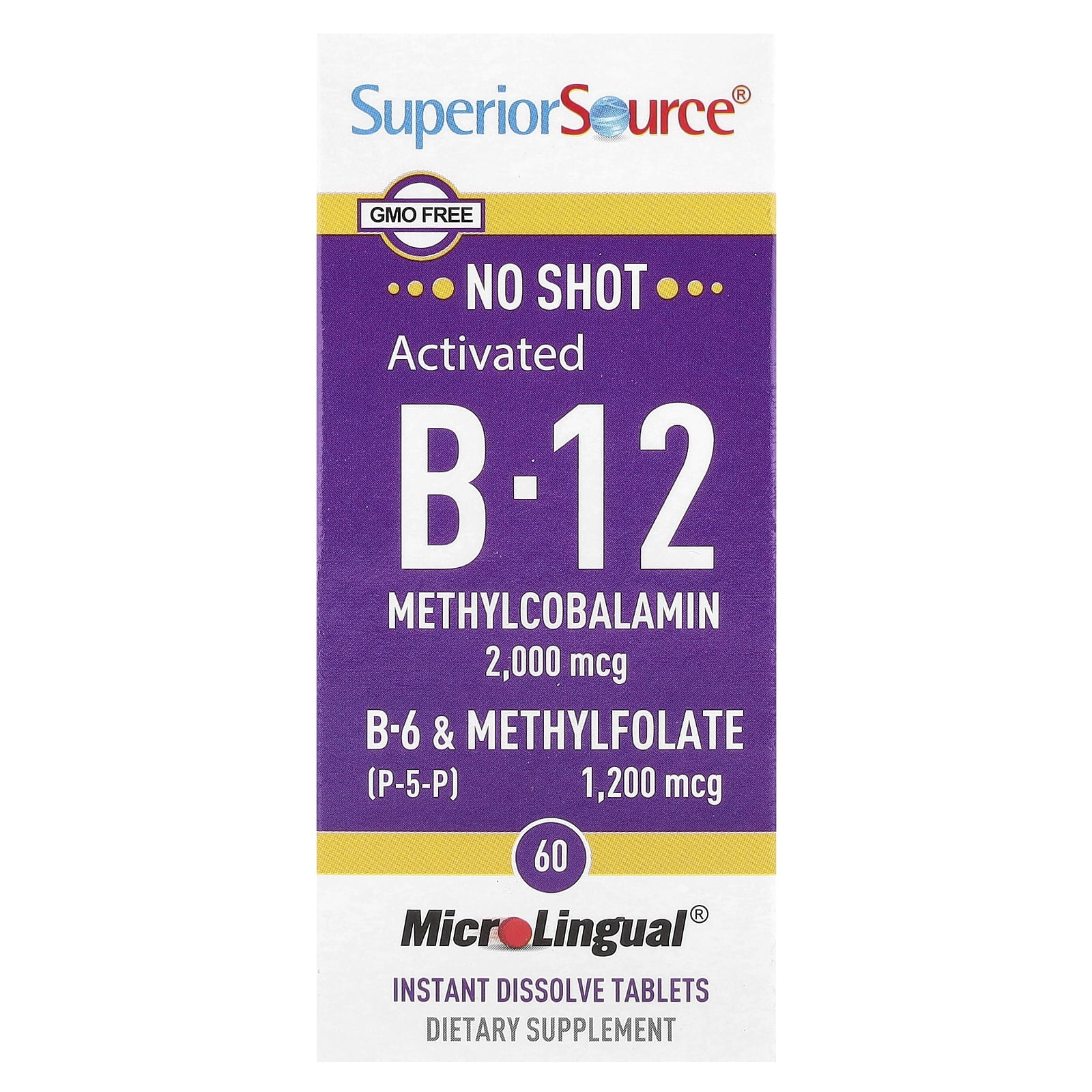 Superior Source No Shot Vitamin B-12 Methylcobalamin 2000 mcg, B-6, & Methylfolate 1200 mcg - Supports Energy, Brain, and Heart Health - Bariatric Friendly - 60 Sublingual Dissolving Tablets
