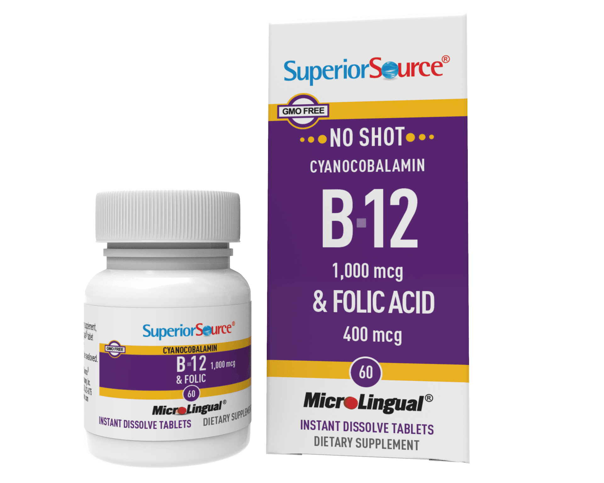 Superior Source No Shot Vitamin B12 Cyanocobalamin (1000 mcg), Folic