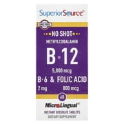 Superior Source No Shot Vitamin B-12 Methylcobalamin 5000 mcg, B-6 & Folic Acid 800 mcg - Supports Brain & Heart Health - Aids Natural Energy Levels - 60 Sublingual Dissolving Tablets