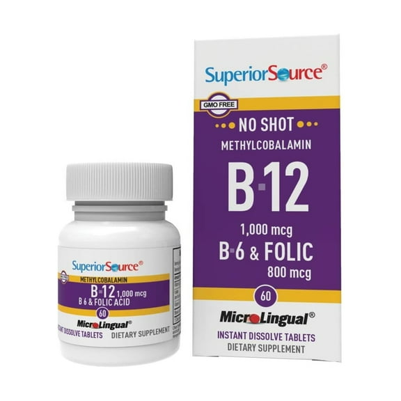 Superior Source No Shot Vitamin B12 Methylcobalamin (1,000 mcg), B6, Folic Acid, Quick Dissolve MicroLingual Tablets, 60 Ct, Increase Energy, Healthy Heart, Boost Metabolism, Stress Support, Non-GMO