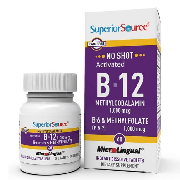Superior Source No Shot Vitamin B-12 Methylcobalamin 1000 mcg, B-6, & Methylfolate 1000 mcg - Supports Energy, Brain, and Heart Health - Bariatric Friendly - 60 Sublingual Dissolving Tablets