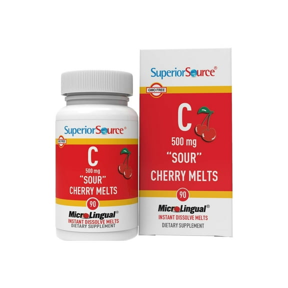 Superior Source Vitamin C 500 mg "Sour" Cherry Melts - Daily Vitamin Supplement Supports Immune Health - Vitamin C Formula Aids Cell Health - 90 Sublingual Dissolving Tablets