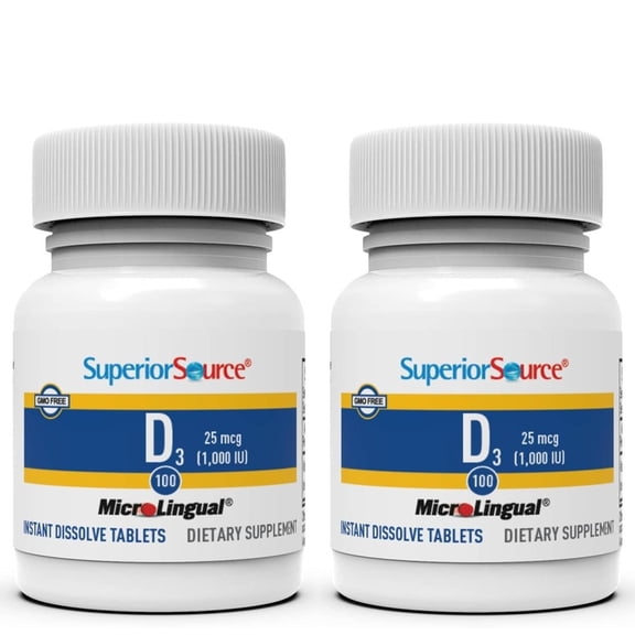 Superior Source Vitamin D3 1000 IU, Quick Dissolve MicroLingual Tablets, Helps Promote Strong Bones and Teeth, Immune Support, Helps Maintain Healthy Muscle Function, Non-GMO, 100 Count, Pack of 2