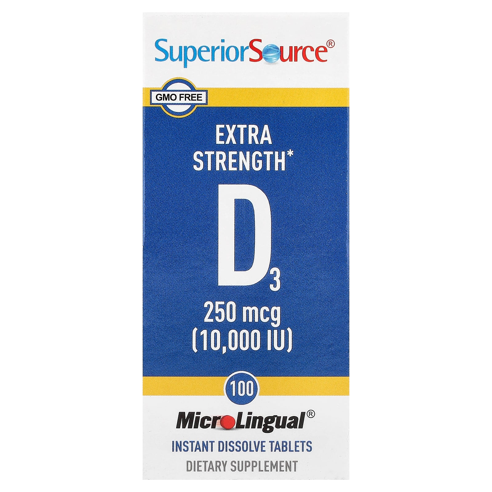 Superior Source Vitamin D3 10,000 IU, Quick Dissolve MicroLingual Tablets, 100 Count, Helps Promote Strong Bones and Teeth, Immune Support, Helps Maintain Healthy Muscle Function, Non-GMO