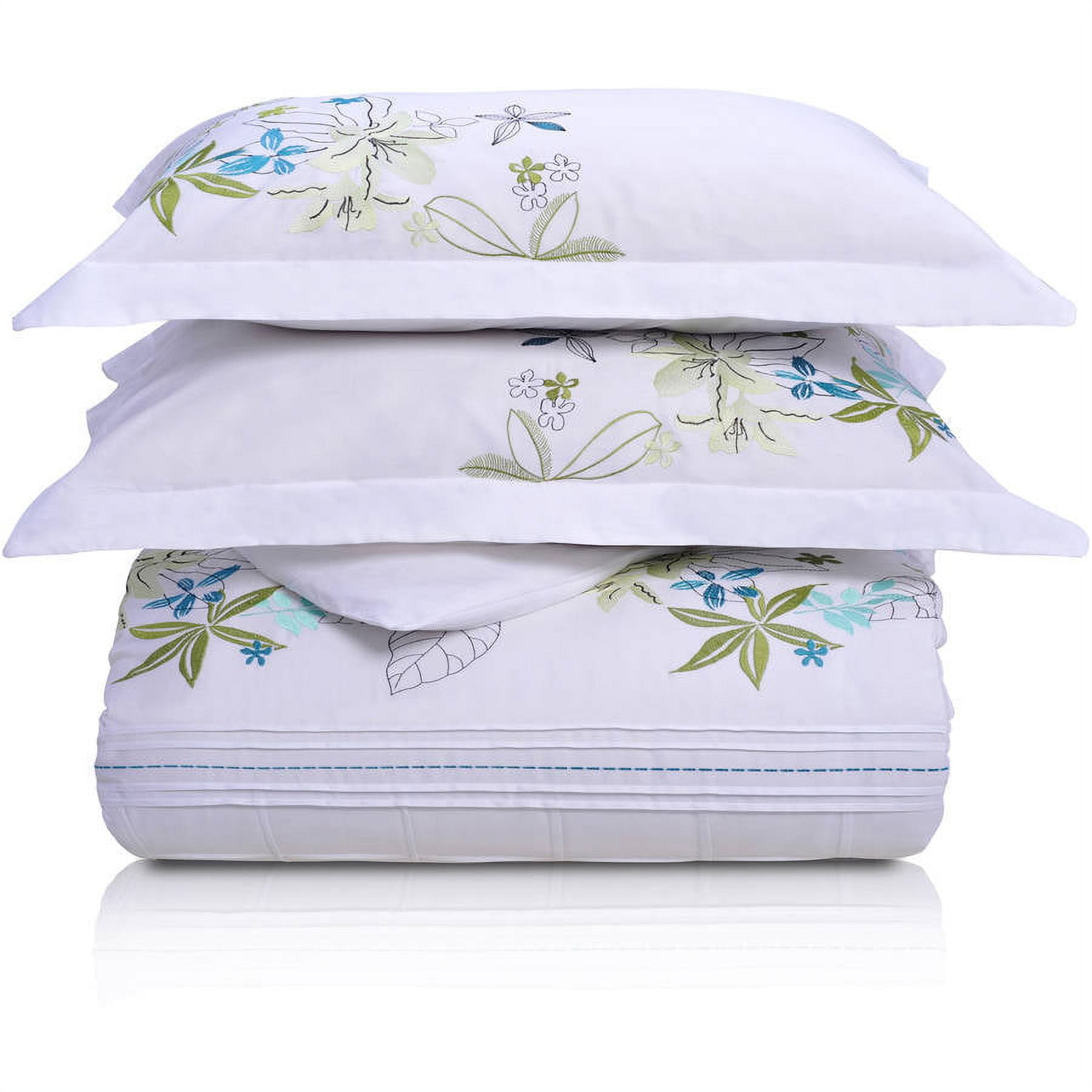 White Cotton Pintuck Floral King/California King Duvet Cover Set