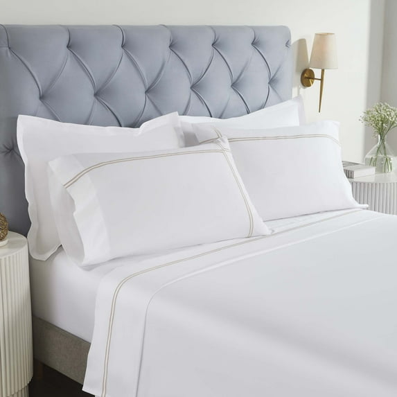 Superior Spring Blooms Embroidered Cotton Bed Sheet Set, Twin XL, White/Taupe