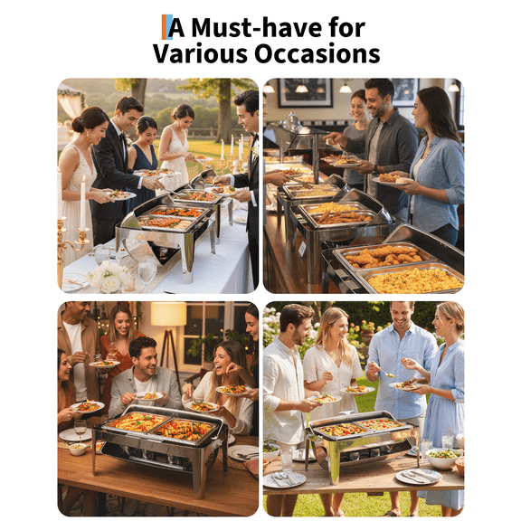 Superior Stainless Steel Roll Top Chafing Dish Buffet Set – 8 QT Food Warmer with 90°/180° Full Open Lid, Includes 2 Half-Size Food Pans & Water Pan, Ideal for Catering, Parties