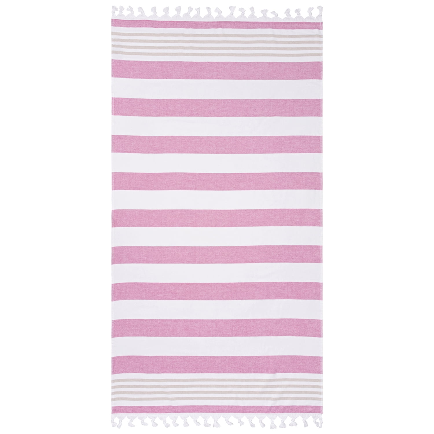 Oversized Pink and White Striped Cotton Beach Towel with Tassels