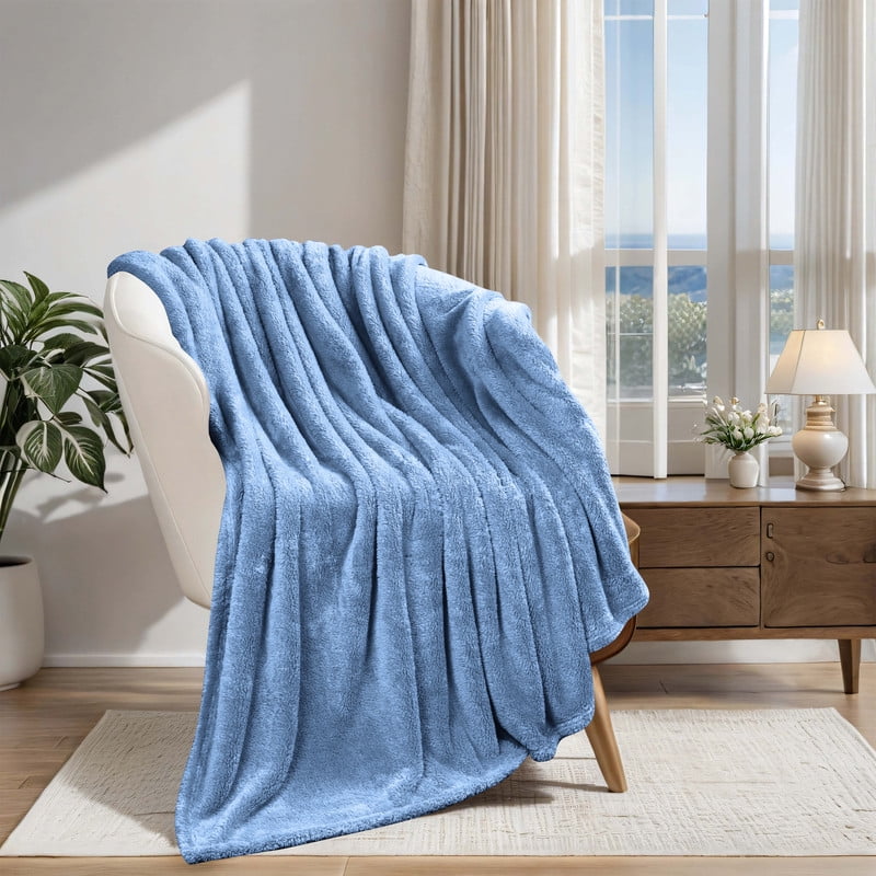 Blue Plush Fleece Reversible Throw Blanket