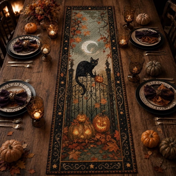 Superior Table Runners Black Cat Cemetery Gate Moon and Autumn Pumpkins Polyester Table Runner, Graphic Print Dining Table Decor for Kitchen, Buffet and Holiday Gatherings, 48 x 13 in