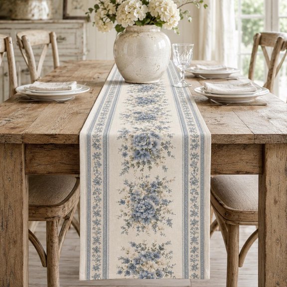 Superior Table Runners Blue and Gray Vintage Botanical Florals Polyester Table Runner, Printed Dining Decor for Kitchen, Buffet and Console, 48 x 13 in