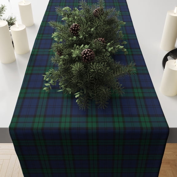 Superior Table Runners Blue Green Tartan Plaid with Evergreen Pinecones Polyester Table Runner, Printed Christmas Dining Table Decor, 72 x 13 in