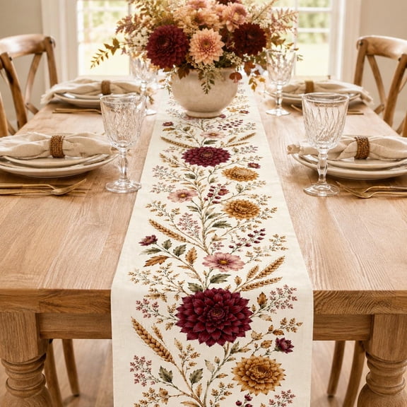 Superior Table Runners Burgundy Chrysanthemums Sunflowers and Autumn Wildflowers Polyester Table Runner, Printed Thanksgiving Dining Table Decor, 72 x 13 in