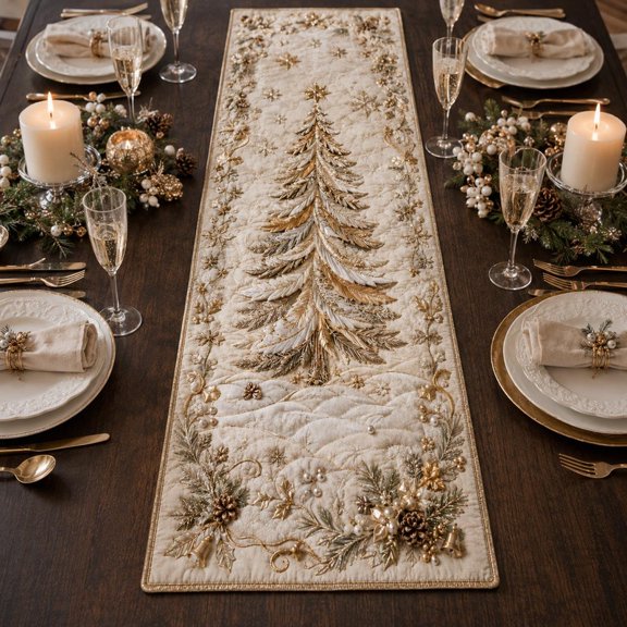 Superior Table Runners Christmas Gold Pine Trees Snowflakes and Pinecones Polyester Table Runner, Printed Christmas Dining Table Decor, 48 x 13 in