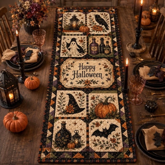Superior Table Runners Happy Halloween Ghost Raven Witch Cat and Pumpkin Panels Polyester Table Runner, Graphic Print Dining Table Decor for Kitchen, Buffet and Holiday Gatherings, 72 x 13 in