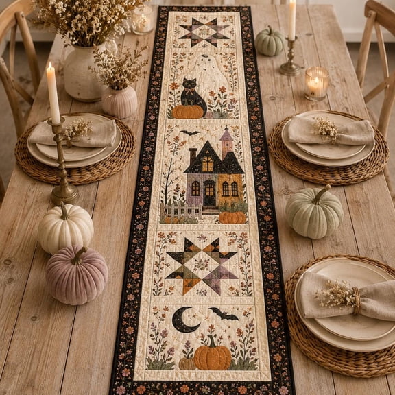 Superior Table Runners Haunted Houses Pumpkins Stars Moon and Geometric Motifs Polyester Table Runner, Graphic Print Dining Table Decor for Kitchen, Buffet and Holiday Gatherings, 48 x 13 in