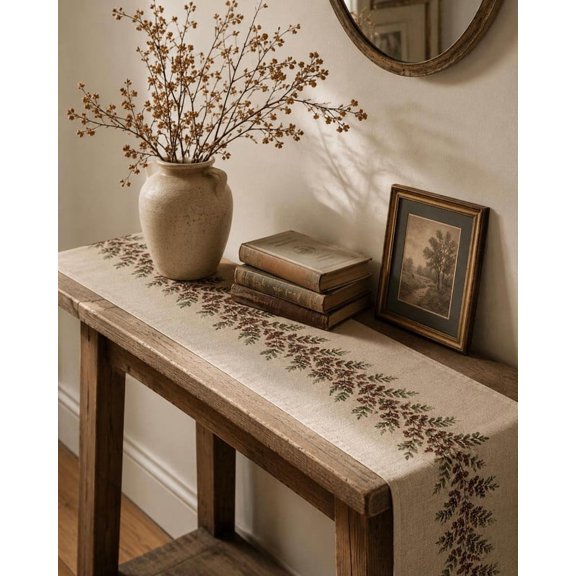 Superior Table Runners Minimalist Brown Botanical Branches on Ivory Polyester Table Runner, Printed Dining Decor for Kitchen, Buffet and Console, 48 x 13 in