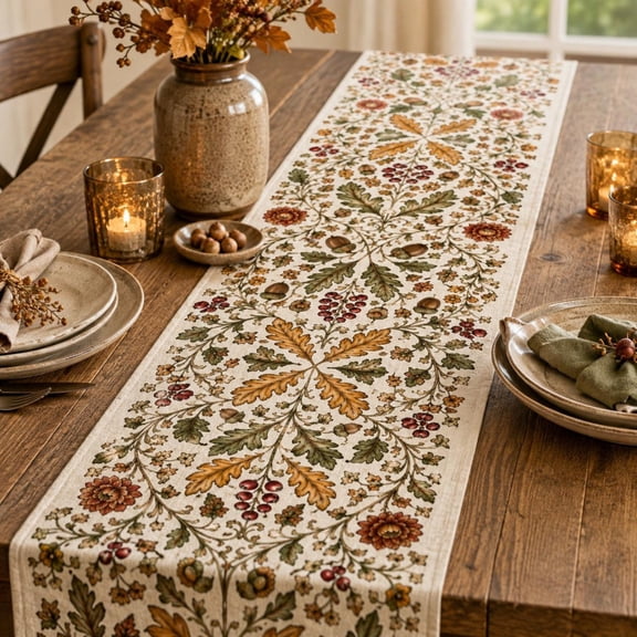 Superior Table Runners Oak Leaves Acorns Berries and Autumn Floral Vines on Cream Polyester Table Runner, Graphic Print Dining Table Decor for Kitchen, Buffet and Holiday Gatherings, 48 x 13 in